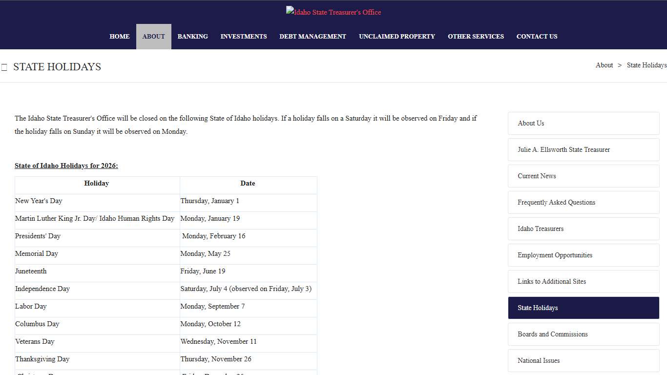 Idaho State Treasurer's Office > About > State Holidays